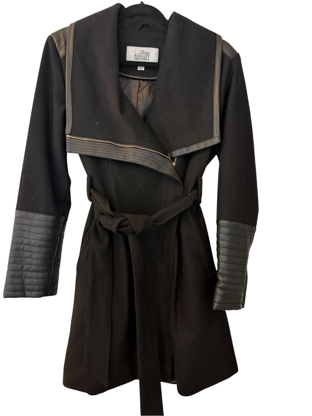 Belle Badgley Mischka Black Moto Wrap Coat | Faux Leather Trim | Size Large